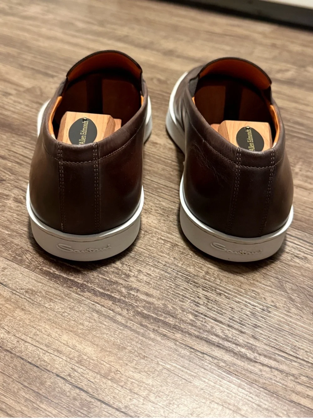 Men's Santoni Brown Leather Slip-On Loafers white sole